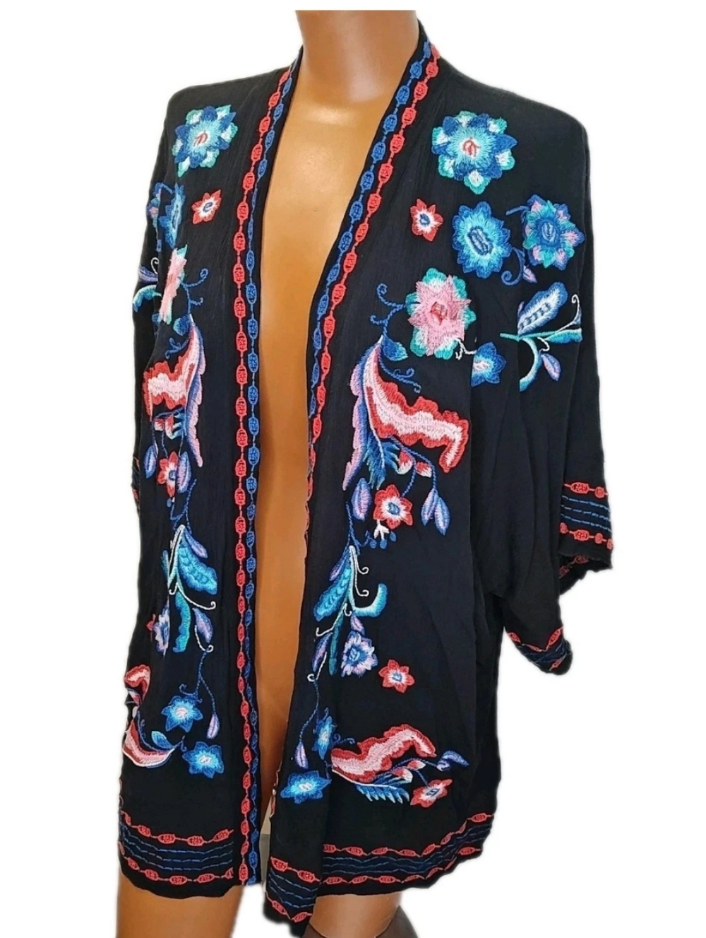 Johnny Was Boho Embroidered Draped Kimono Topper S/M Black Floral Cover-up Top